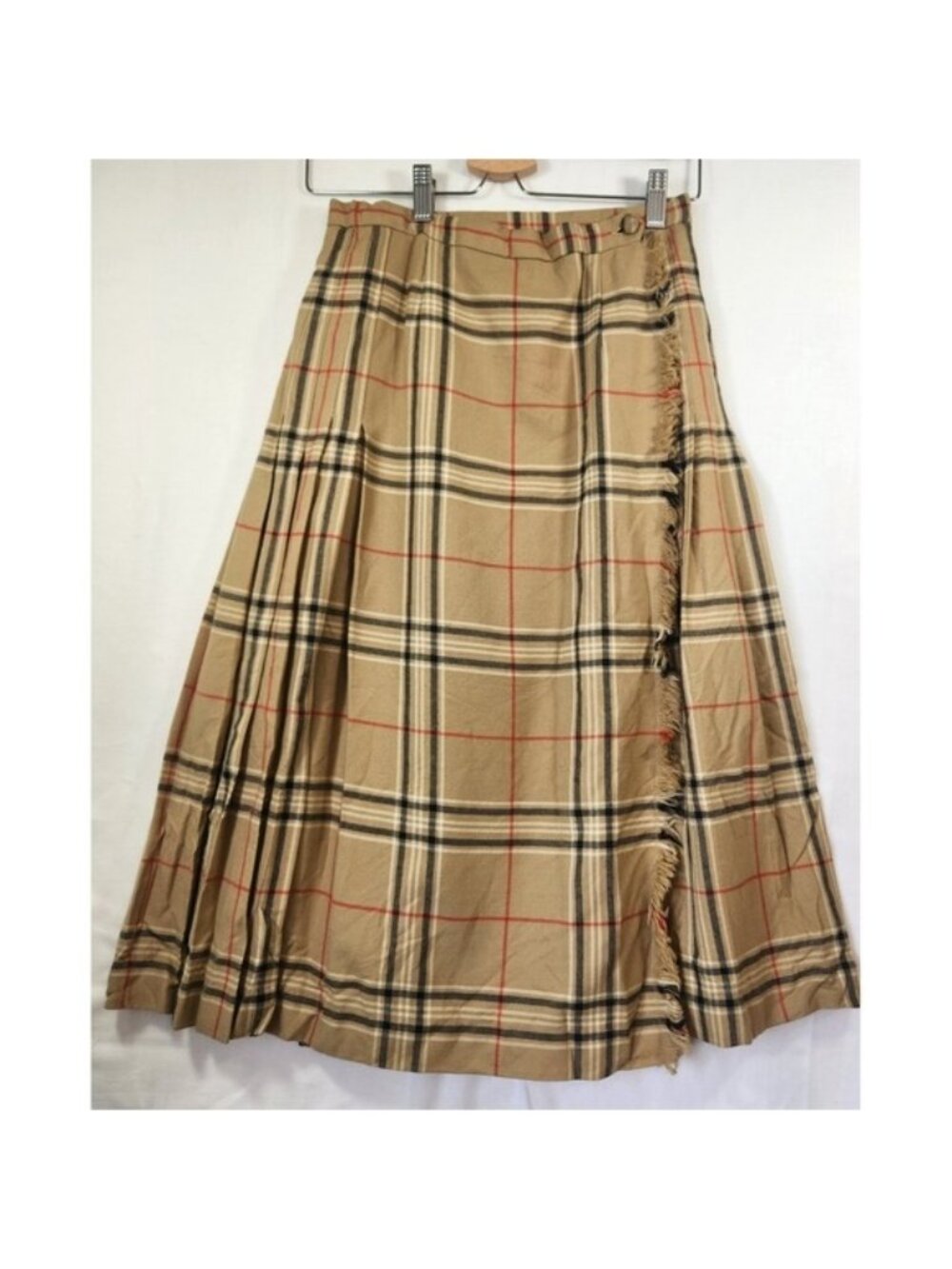 Vintage Highland Queen Camel Wool Kilt Skirt Tan Plaid Pleated Fringe Midi sm/m